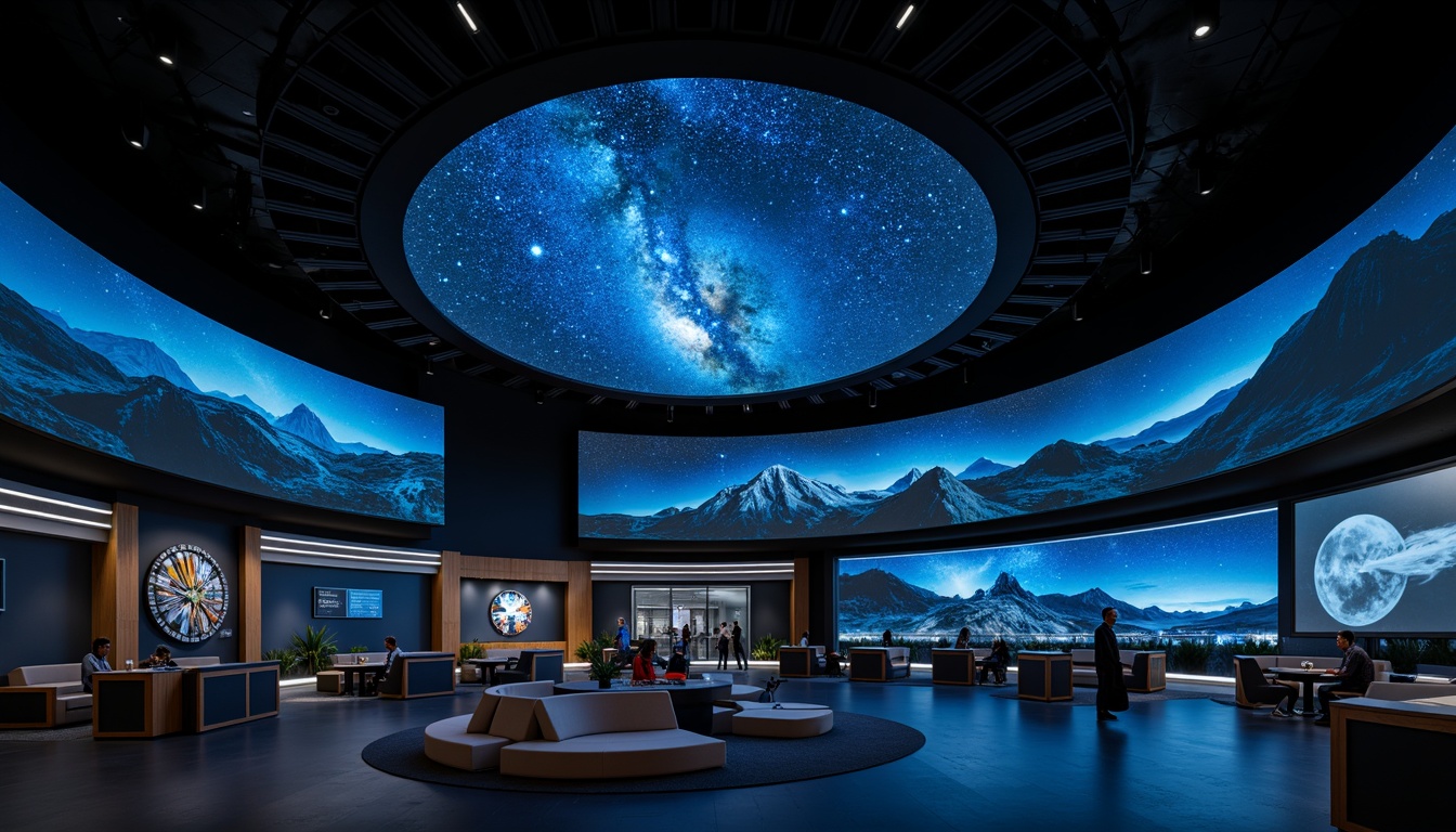 Prompt: Dark starry night sky, circular dome screen, comfortable seating arrangement, inclined floor plan, interactive exhibit displays, astronomy-themed decorations, futuristic control panels, ambient space sounds, soft blue lighting, 360-degree visual experience, immersive atmosphere, high-resolution digital projections, educational information displays, stargazing activities, virtual reality integration, spherical architecture, minimalist interior design, neutral color palette.