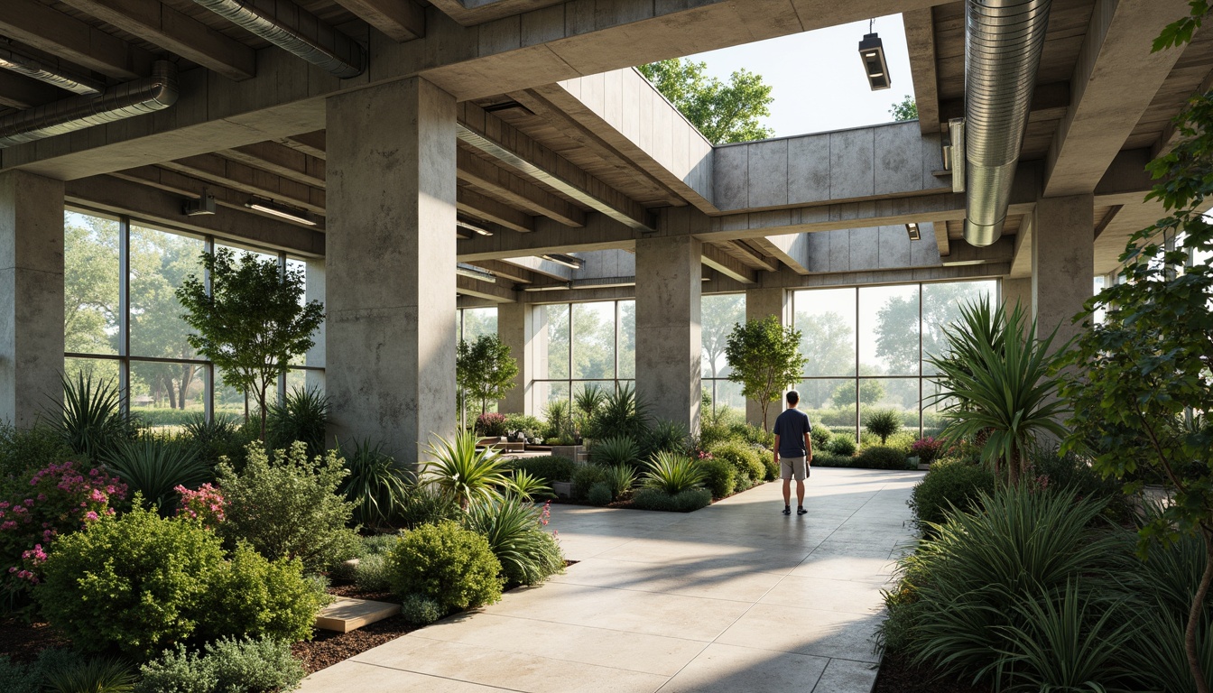 Prompt: Exposed concrete structures, industrial pipes, lush greenery, abundant natural light, tropical plants, reclaimed wood accents, steel beams, minimalist decor, earthy tones, organic forms, brutalist architecture, greenhouse-inspired design, open floor plans, airy atmosphere, soft diffused lighting, 1/1 composition, realistic textures, ambient occlusion.