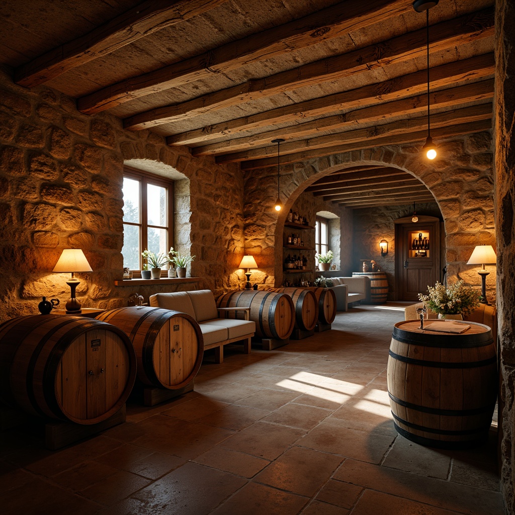 Prompt: Rustic wine cellar, earthy tones, warm wood accents, stone walls, wooden barrels, dimmable pendant lights, soft warm glow, table lamps, floor lamps, cozy nooks, rich textures, ambient lighting, subtle shadows, 3/4 composition, shallow depth of field, realistic wood grains, atmospheric mist, warm color palette, inviting atmosphere.Let me know if you need any further assistance!