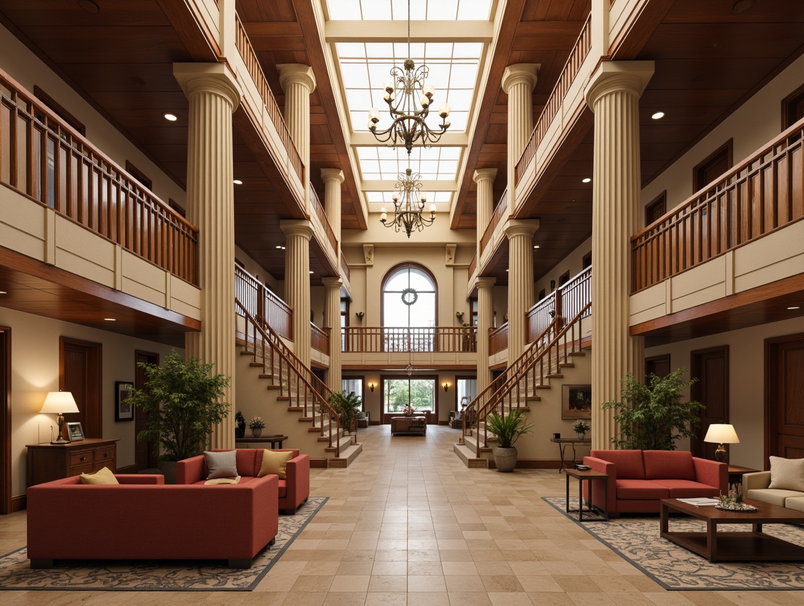 Prompt: Luxurious healthcare center, grand atrium, sweeping staircases, elegant chandeliers, rich wood paneling, comfortable sofas, velvet armchairs, ornate coffee tables, classic Greek columns, intricate moldings, neutral color palette, soft warm lighting, shallow depth of field, 1/2 composition, symmetrical layout, realistic textures, ambient occlusion.