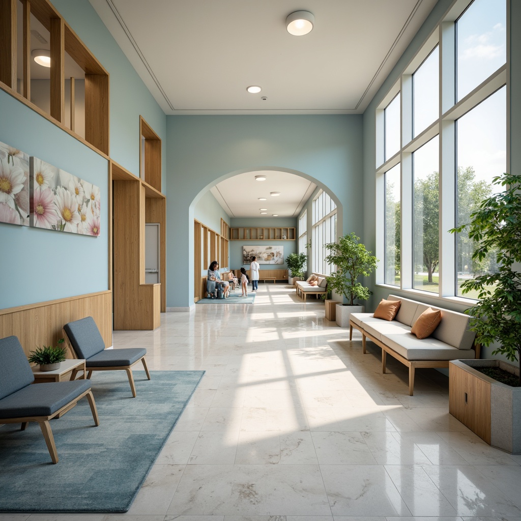 Prompt: Calming healthcare facility, soft pastel colors, gentle blue hues, warm beige tones, natural wood accents, soothing greenery, peaceful waiting areas, comfortable seating, subtle patterned flooring, minimalist decorative elements, warm task lighting, calming ambiance, shallow depth of field, 1/1 composition, realistic textures, ambient occlusion.