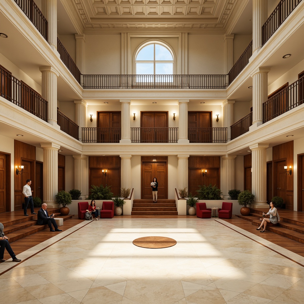 Prompt: Elegant gymnasium interior, neoclassical architectural style, cream-colored marble floors, ornate columns, grand staircases, rich wood paneling, subtle gold accents, soft warm lighting, natural textures, realistic materials, classic color palette, earthy tones, muted reds, deep blues, creamy whites, warm beige, rustic browns, shallow depth of field, 1/2 composition, symmetrical framing, high-contrast highlights.