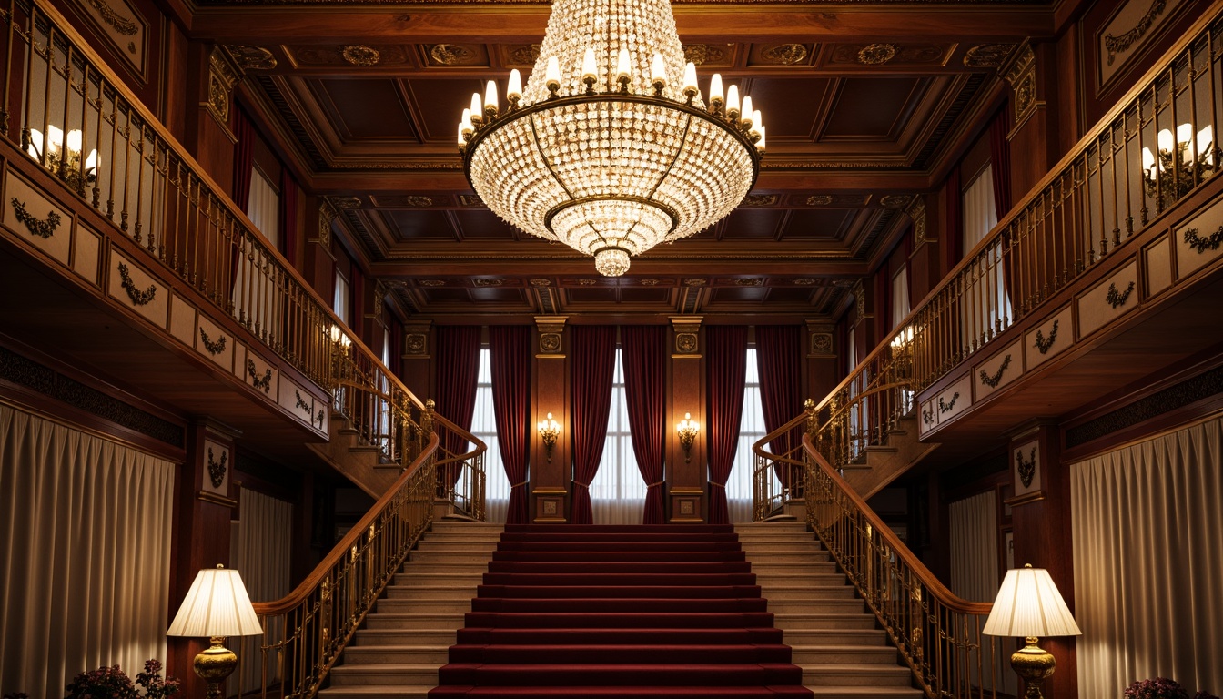 Prompt: Ornate chandeliers, crystal droplets, gold accents, bronze metalwork, grand staircase, luxurious velvet drapes, rich wood paneling, intricate carvings, ornamental moldings, classic columns, symmetrical composition, warm soft lighting, dramatic shadows, 1/1 aspect ratio, shallow depth of field, realistic textures, ambient occlusion.