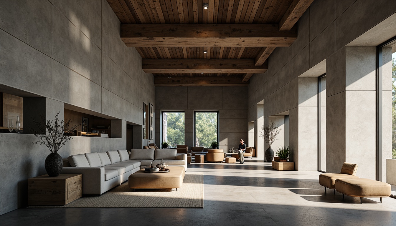 Prompt: Rugged brutalist interior, industrial concrete walls, raw wooden accents, minimalist furniture, sleek metal fixtures, expansive open spaces, dramatic natural light, translucent glass surfaces, subtle shadows, abstract geometric patterns, monochromatic color palette, ambient occlusion, soft focus, 1/1 composition, cinematic lighting.