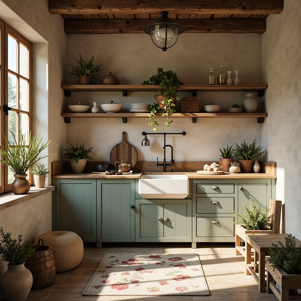 Prompt: Rustic farmhouse, earthy tones, warm beige, soft sage, muted blues, weathered wood accents, vintage metal decor, natural stone walls, distressed textures, cozy candlelight, warm sunny day, shallow depth of field, 1/1 composition, rustic wooden beams, farmhouse sink, porcelain fixtures, woven baskets, potted greenery, floral patterns, soft linen fabrics.