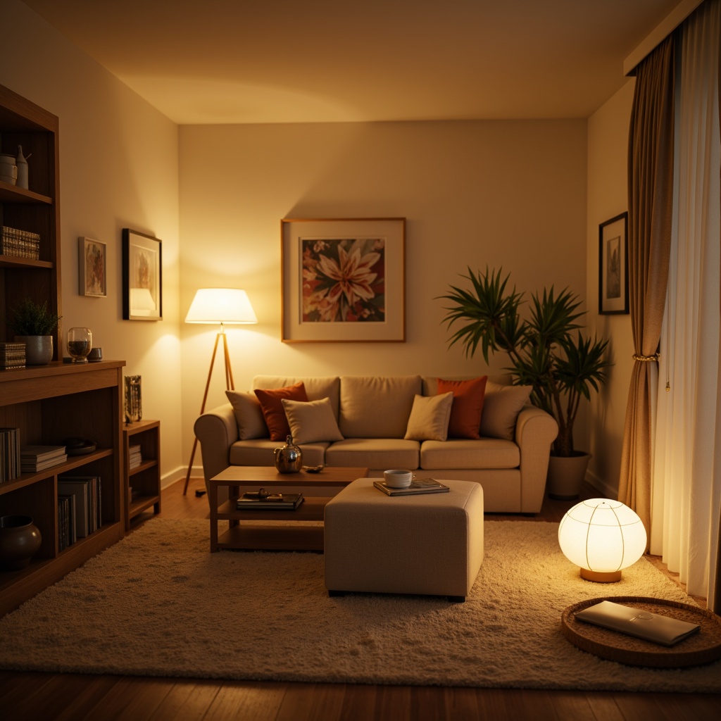 Prompt: Cozy living room, warm ambient lighting, table lamps, floor lamps, soft glowing shades, cream-colored walls, plush carpeting, comfortable seating areas, wooden coffee tables, decorative vases, natural fabric upholstery, warm beige tones, inviting atmosphere, shallow depth of field, 1/1 composition, softbox lighting, realistic textures, subtle shadows.