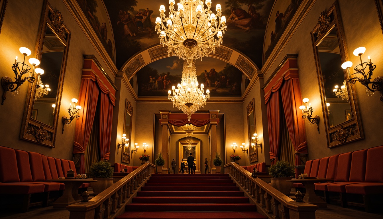 Prompt: Opulent chandeliers, ornate sconces, gilded mirrors, intricate frescoes, lavish drapery, velvet furnishings, grand staircase, ornamental railings, crystal prisms, warm golden lighting, soft shadows, dramatic spotlighting, 1/2 composition, low-angle shot, cinematic ambiance, rich textures, detailed ornaments.