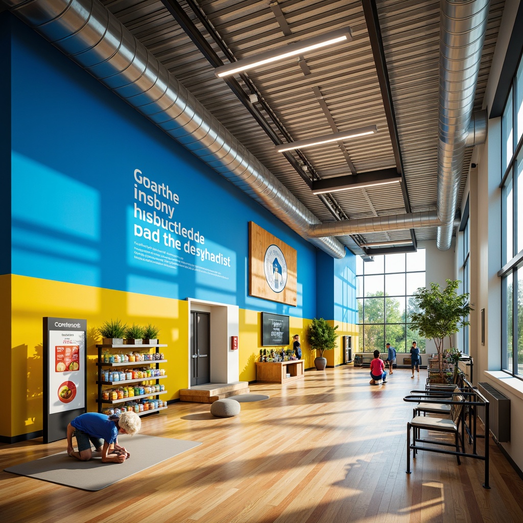 Prompt: Vibrant gymnasium interior, bright blue walls, energetic yellow accents, warm wood flooring, modern sports equipment, sleek metal beams, natural light pouring in, large windows, motivational quotes, dynamic color blocking, bold typography, fresh greenery, healthy snacks display, refreshing water stations, invigorating atmosphere, shallow depth of field, 1/1 composition, realistic textures, soft ambient lighting.