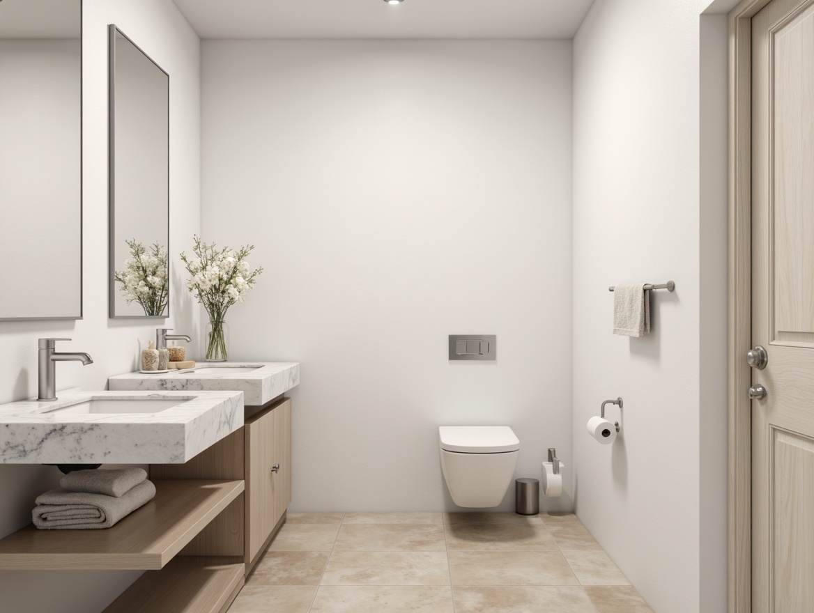 Prompt: Soft, matte white walls, subtle texture, gentle LED lighting, minimalist decor, sleek low-profile fixtures, wall-mounted toilet, concealed storage, floor-to-ceiling mirrors, polished chrome accents, soft-close cabinets, pale gray quartz countertops, warm beige flooring, delicate floral patterns, 1/1 composition, shallow depth of field, natural ambient lighting.