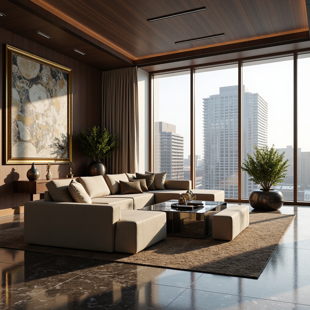 Prompt: Luxurious living room, minimalist decor, sleek low-profile sofa, velvet upholstery, chrome accents, geometric coffee table, floor-to-ceiling windows, natural light pouring in, urban cityscape view, 1/1 composition, softbox lighting, high-end finishes, Italian marble floors, rich wood tones, abstract artwork, ornate gold frames, plush area rugs, ambient shadows, cinematic atmosphere.