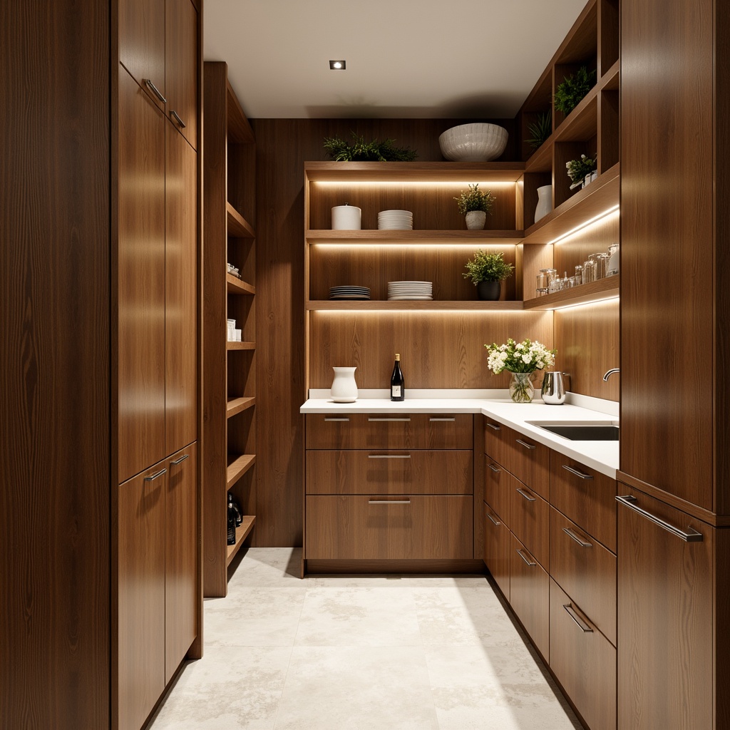 Prompt: Modern pantry interior, sleek cabinetry, minimalist hardware, warm wood tones, high-gloss finishes, streamlining layout, ample storage spaces, LED lighting, ambient illumination, polished chrome fixtures, geometric patterns, monochromatic color scheme, clean lines, Scandinavian-inspired design, 1/1 composition, softbox lighting, realistic textures, subtle reflections.