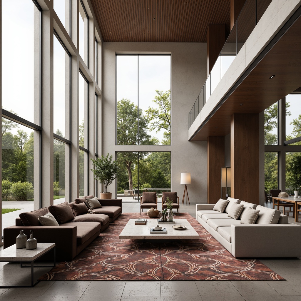 Prompt: Luxurious great room, modern minimalist decor, sleek low-profile furniture, plush area rugs, metallic accents, geometric patterned textiles, velvet sofas, marble coffee tables, floor-to-ceiling windows, natural light pouring in, soft warm ambiance, 1/1 composition, realistic fabric textures, ambient occlusion.