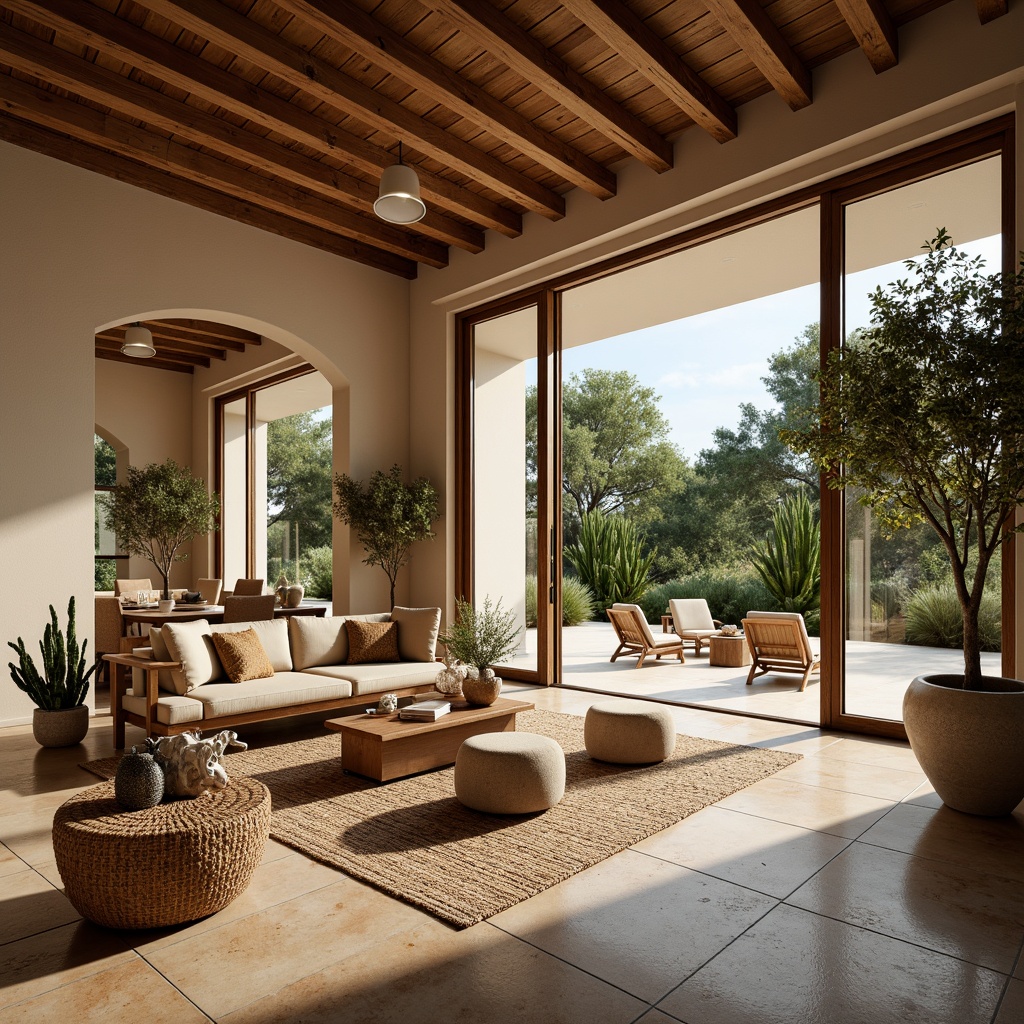 Prompt: Warm Mediterranean villa, high ceilings, large windows, sliding glass doors, natural stone floors, rustic wooden beams, earthy color palette, plush furniture, ornate tiles, woven textiles, potted olive trees, lush greenery, soft warm lighting, shallow depth of field, 3/4 composition, panoramic view, realistic textures, ambient occlusion.