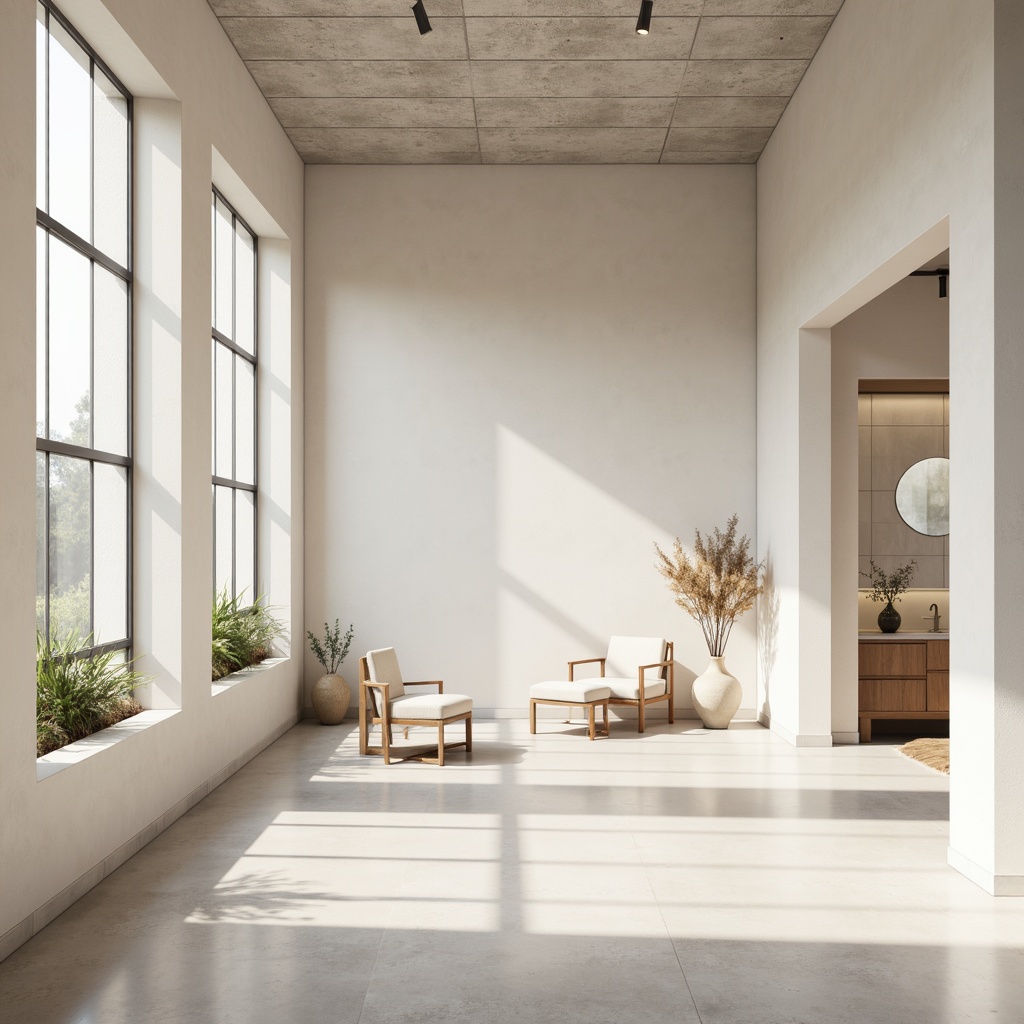 Prompt: Monochromatic minimalistic space, soft neutral tones, calming whites, creamy beiges, pale grays, subtle pastels, natural textures, industrial materials, sleek metal accents, minimalist furniture, empty spaces, negative space emphasis, soft diffused lighting, 1/1 composition, realistic shadows, ambient occlusion.