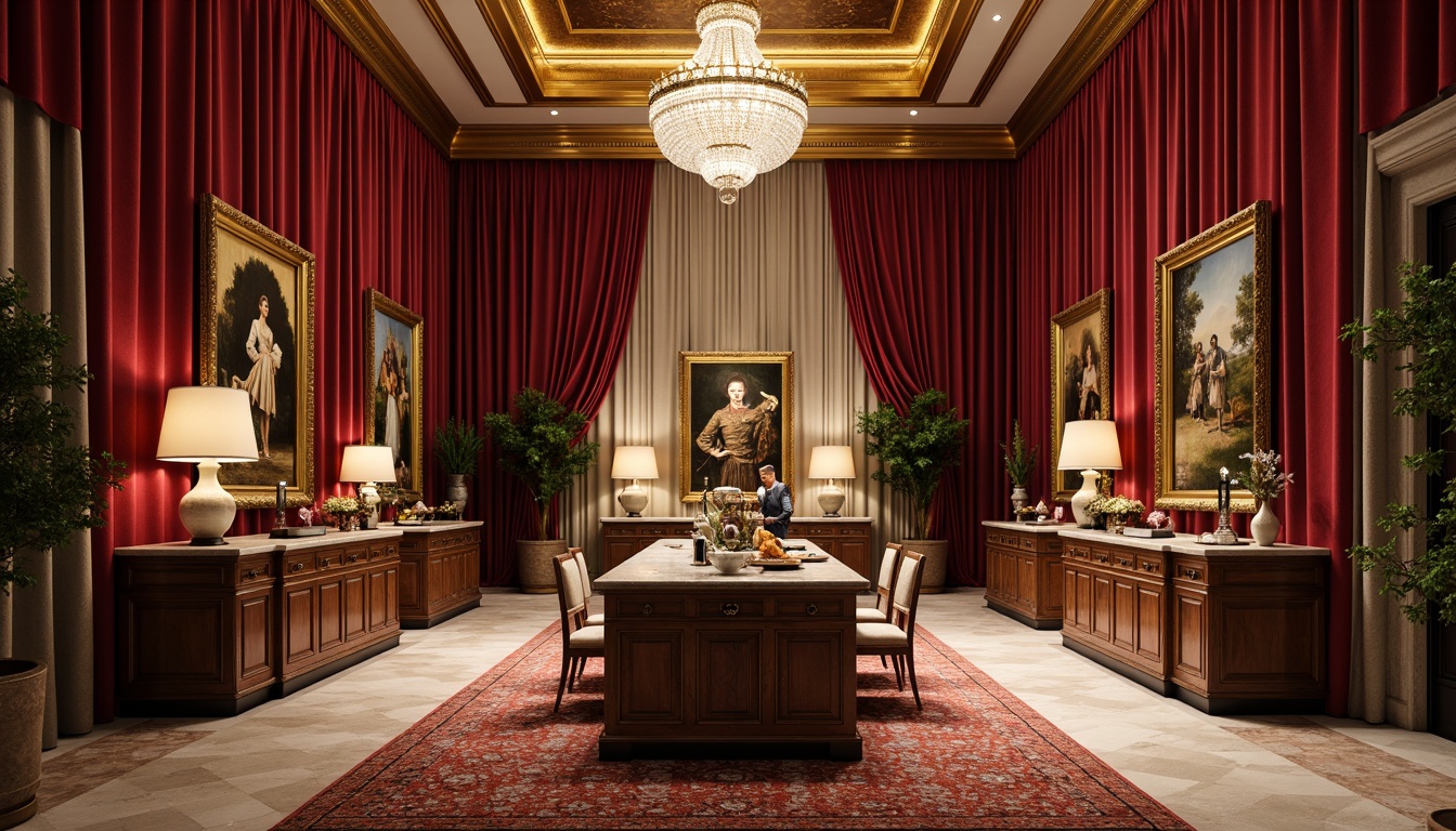 Prompt: Luxurious velvet drapes, golden ornate frames, crystal chandeliers, marble countertops, rich wood furniture, plush area rugs, elegant vases, intricate carvings, sophisticated color palette, warm ambient lighting, soft focus blur, shallow depth of field, 1/1 composition, realistic textures, subtle shadowing.