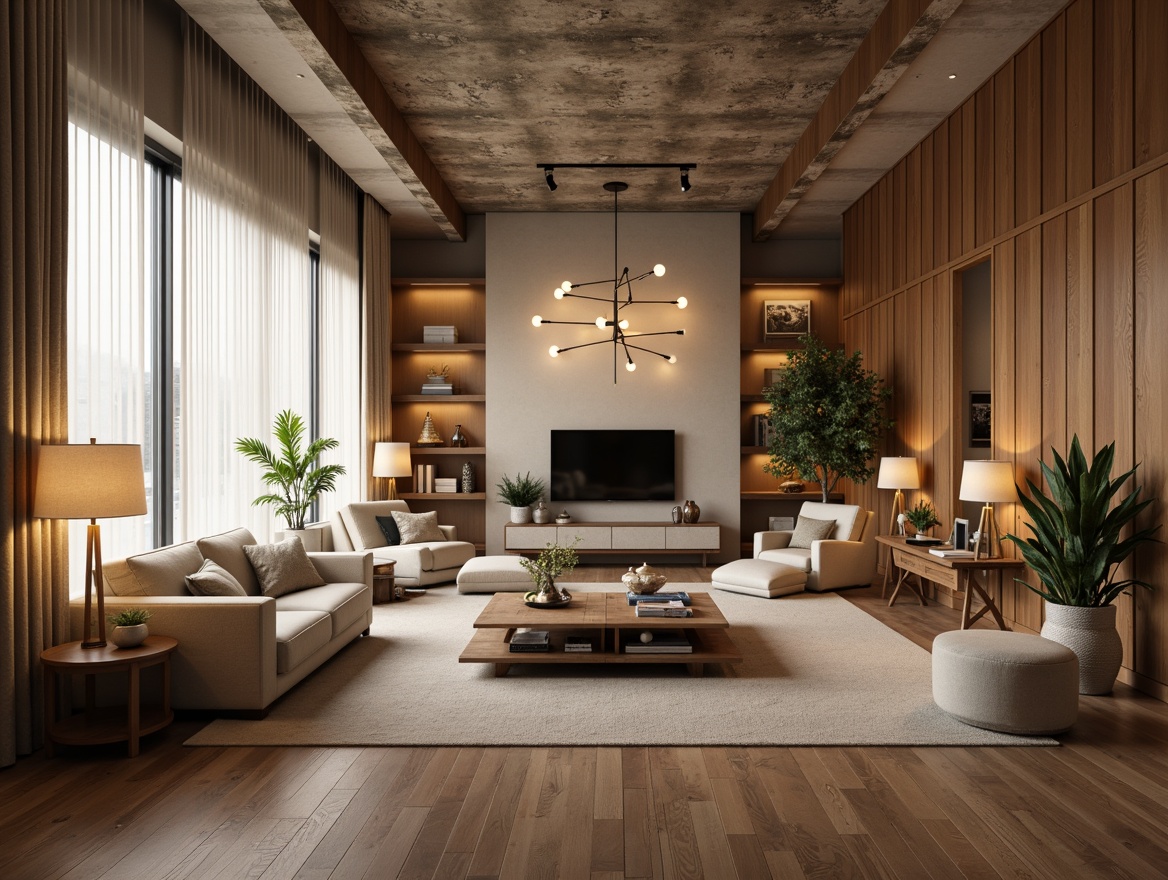 Prompt: Cozy living room, warm beige walls, plush sofas, natural wood flooring, stylish pendant lights, minimalist chandeliers, soft ambient glow, table lamps with linen shades, floor-to-ceiling windows, sheer white curtains, urban loft architecture, industrial-chic decor, exposed brick walls, polished concrete floors, dramatic high ceilings, intimate reading nooks, warm task lighting, energy-efficient LED bulbs, futuristic smart home systems.