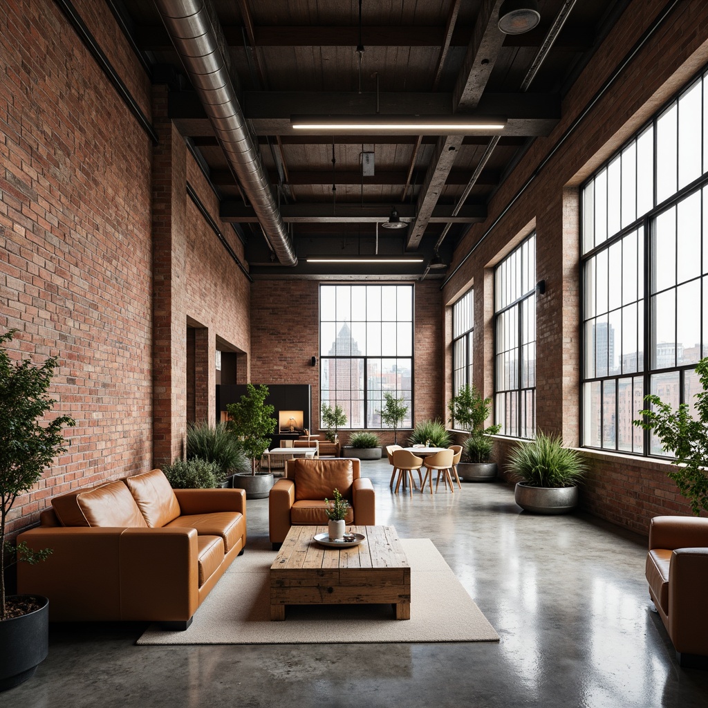 Prompt: Industrial warehouse interior, exposed brick walls, polished concrete floors, minimalist aesthetic, modern metal beams, reclaimed wood accents, functional lighting, open floor plan, sparse decoration, industrial chic furniture, distressed leather sofas, reclaimed wood coffee tables, urban landscape views, natural light pouring in, soft warm glow, shallow depth of field, 3/4 composition, panoramic view, realistic textures, ambient occlusion.