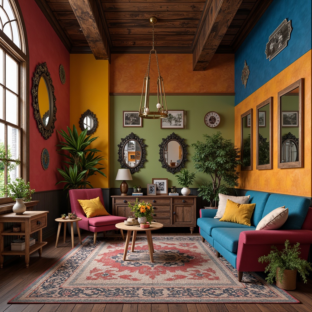 Prompt: Vibrant eclectic room, statement walls, bold colorblocking, textured finishes, metallic accents, geometric patterns, ornate mirrors, distressed wood planks, industrial chic decor, vintage decorative items, plush area rugs, warm ambient lighting, shallow depth of field, 1/1 composition, realistic textures, ambient occlusion.