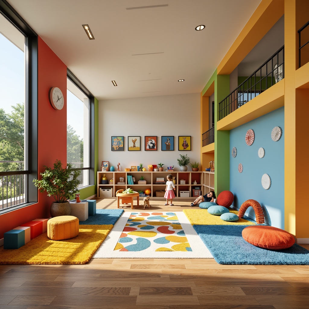 Prompt: Vibrant playroom, soft plush carpet, bright colorful walls, kid-friendly furniture, cushioned foam blocks, safety gates, non-slip flooring, durable hardwood, easy-to-clean surfaces, stain-resistant materials, whimsical wall decals, playful area rugs, cozy reading nooks, natural light, warm atmosphere, 1/2 composition, moderate depth of field, realistic textures.