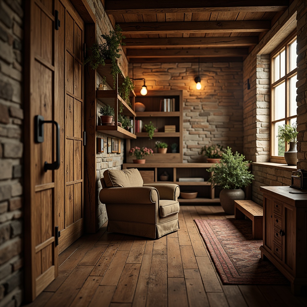 Prompt: Rustic wooden textures, earthy color palette, natural stone walls, distressed metal accents, vintage-inspired hardware, ornate carvings, warm ambient lighting, cozy interior atmosphere, traditional craftsmanship details, rich wood grain patterns, rough-hewn wooden beams, antique furniture pieces, classic architectural elements, soft warm colors, shallow depth of field, 1/2 composition, realistic render, subtle normal mapping.