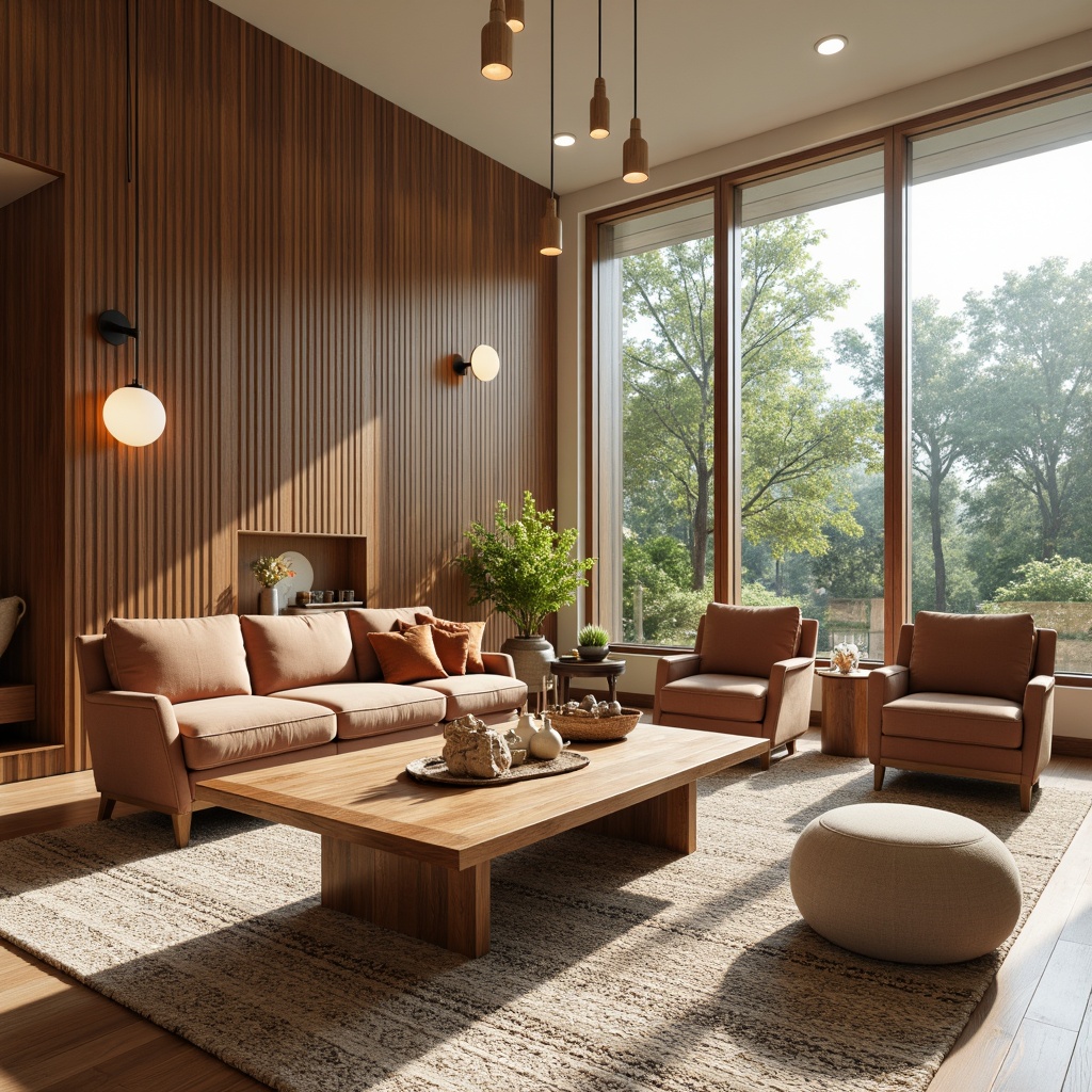 Prompt: Mid-century modern living room, sleek wooden coffee table, low-profile velvet sofa, geometric patterned rug, floor-to-ceiling windows, natural wood paneling, minimalist decor, pendant light fixtures, rounded armchairs, ottoman storage, warm beige walls, rich walnut accents, organic-shaped decorative objects, lush greenery, afternoon sunlight, soft diffused lighting, 1/1 composition, shallow depth of field, realistic textures.