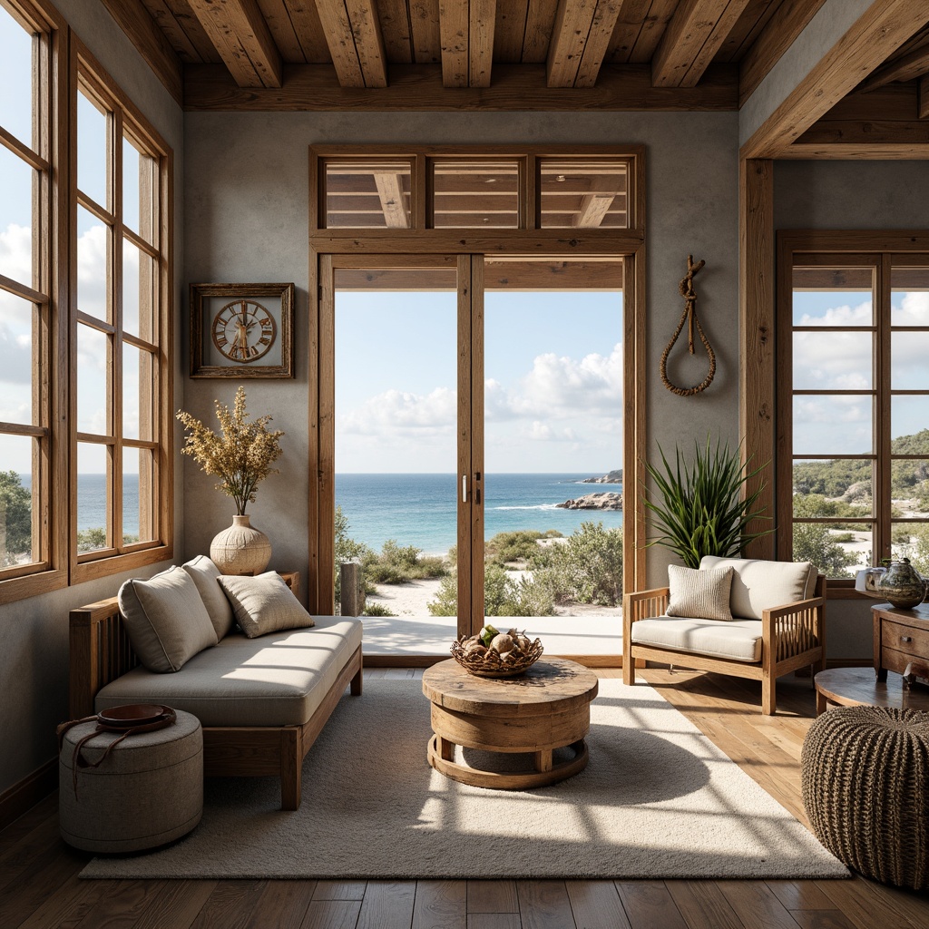 Prompt: Weathered wooden accents, distressed finishes, natural stone walls, organic textures, coastal-inspired color palette, calming ocean views, sandy beach scenery, driftwood decorations, nautical rope details, vintage sailing artifacts, soft warm lighting, shallow depth of field, 1/1 composition, realistic renderings, ambient occlusion.