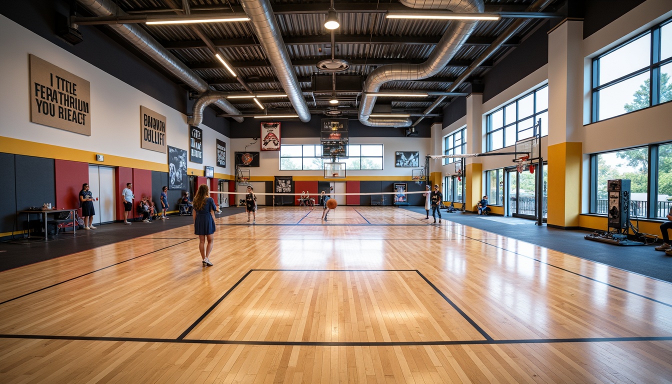 Prompt: Modern gymnasium, sleek wooden floors, polished metal equipment, vibrant color scheme, motivational quotes, large windows, natural light, high ceilings, athletic track, basketball hoops, volleyball nets, exercise machines, free weights, mirrored walls, sound-absorbing panels, rubber flooring, shock-absorbing surfaces, sports-themed decorations, dynamic lighting, panoramic views, shallow depth of field, 3/4 composition.