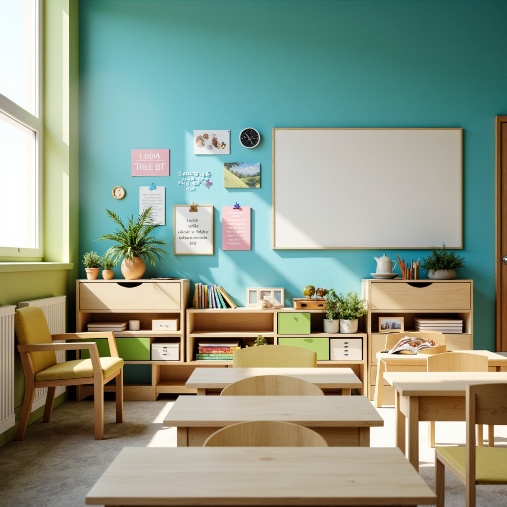 Prompt: Vibrant educational environment, calming blue walls, soothing green accents, warm beige furniture, natural wood textures, creamy white boards, colorful learning aids, inspirational quotes, modern minimalist decor, ample natural light, softbox lighting, shallow depth of field, 1/1 composition, realistic renderings, ambient occlusion.