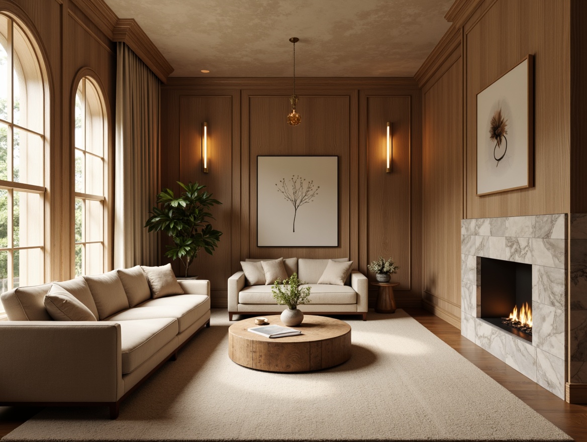 Prompt: Elegant living room, rich wood tones, warm beige walls, plush velvet sofas, golden lighting fixtures, soft cream carpets, natural stone fireplaces, modern minimalist decor, calming atmosphere, subtle texture contrasts, 3/4 composition, shallow depth of field, soft warm lighting, realistic textures, ambient occlusion.