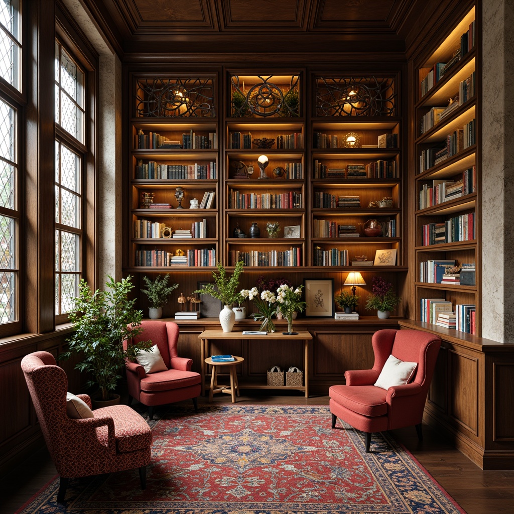 Prompt: Cozy reading nooks, eclectic book collections, vintage wooden shelves, ornate metal latticework, colorful rug patterns, plush velvet armchairs, warm golden lighting, rich wood paneling, intricate moldings, whimsical artwork, quirky sculptures, playful typography, rustic stone walls, comfortable seating areas, natural plant arrangements, soft background music, shallow depth of field, 1/1 composition, inviting atmosphere, realistic textures.