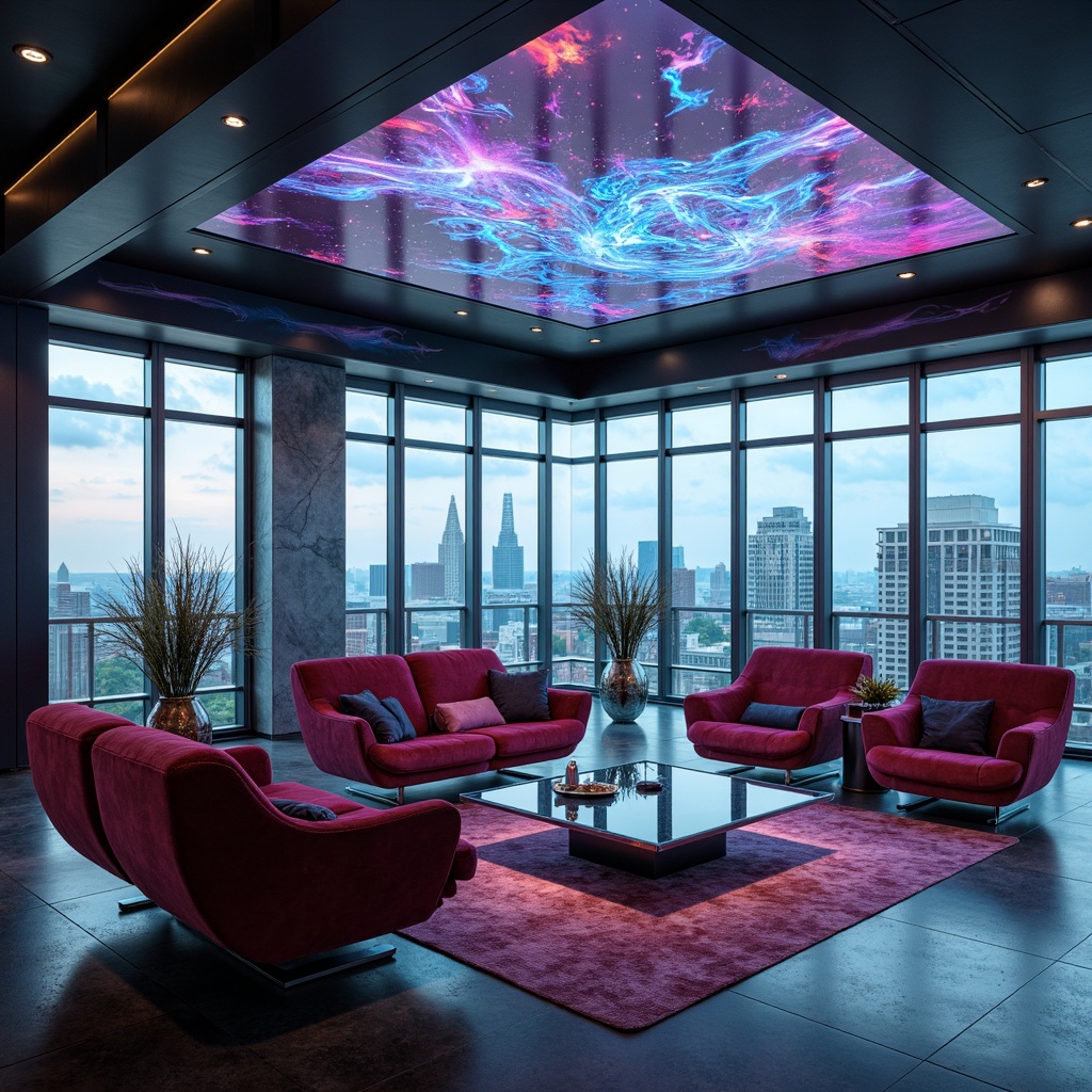 Prompt: Futuristic living room, sleek metal furniture, holographic displays, neon-lit ambient lighting, minimalist decor, luxurious velvet upholstery, curved lines, geometric patterns, levitating chairs, transparent glass tables, robotic assistants, virtual reality interfaces, high-tech gadgets, metallic accents, iridescent colors, shimmering fabrics, atmospheric misting systems, panoramic city views, 1/1 composition, cinematic lighting, realistic reflections.