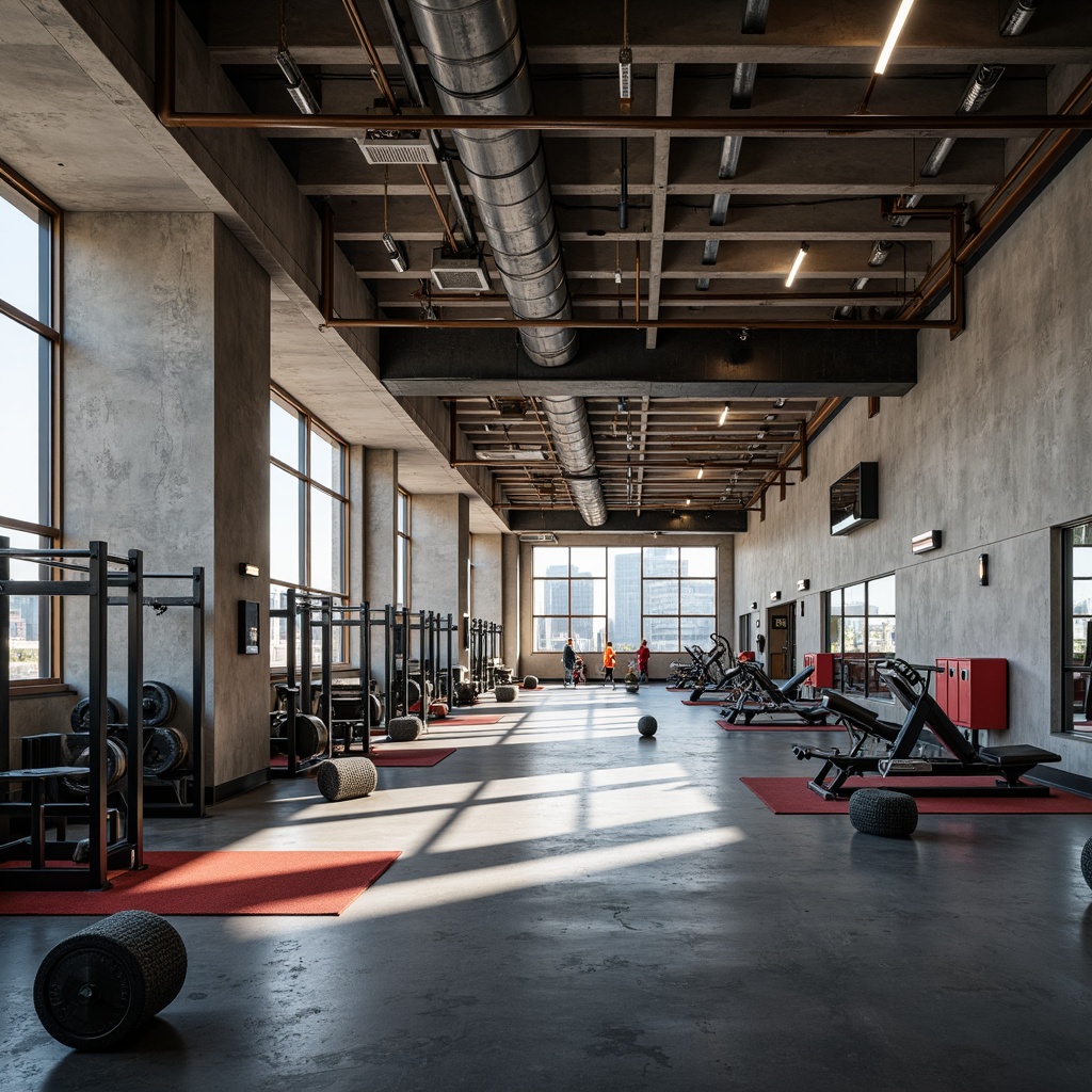 Prompt: Raw concrete walls, exposed ductwork, industrial-style lighting, metal beams, brutalist architecture, spacious open areas, mirrored floors, minimalist decor, bold color accents, heavy iron equipment, fitness machines, free weights, exercise mats, locker rooms, modern LED lighting, high ceilings, urban cityscape views, dramatic shadows, low-key ambient lighting, 1-point perspective composition, realistic textures, detailed normal maps.