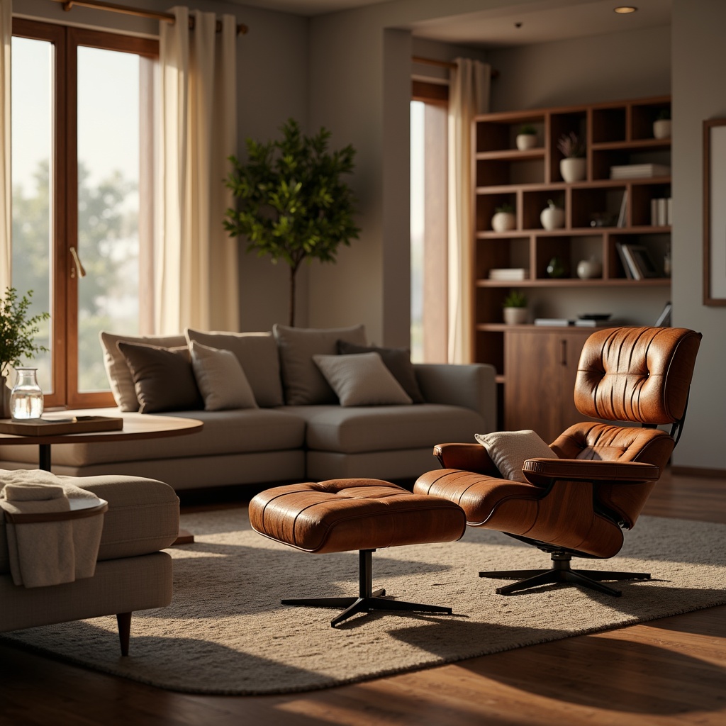 Prompt: Cozy living room, plush velvet sofa, ergonomic chair, wooden coffee table, minimalist decor, soft warm lighting, calming color palette, textured rugs, comfortable pillows, functional storage units, sleek metal frames, adjustable headrests, reclining mechanisms, built-in charging stations, ambient noise reduction, 1/1 composition, shallow depth of field, realistic wood textures, subtle fabric patterns.