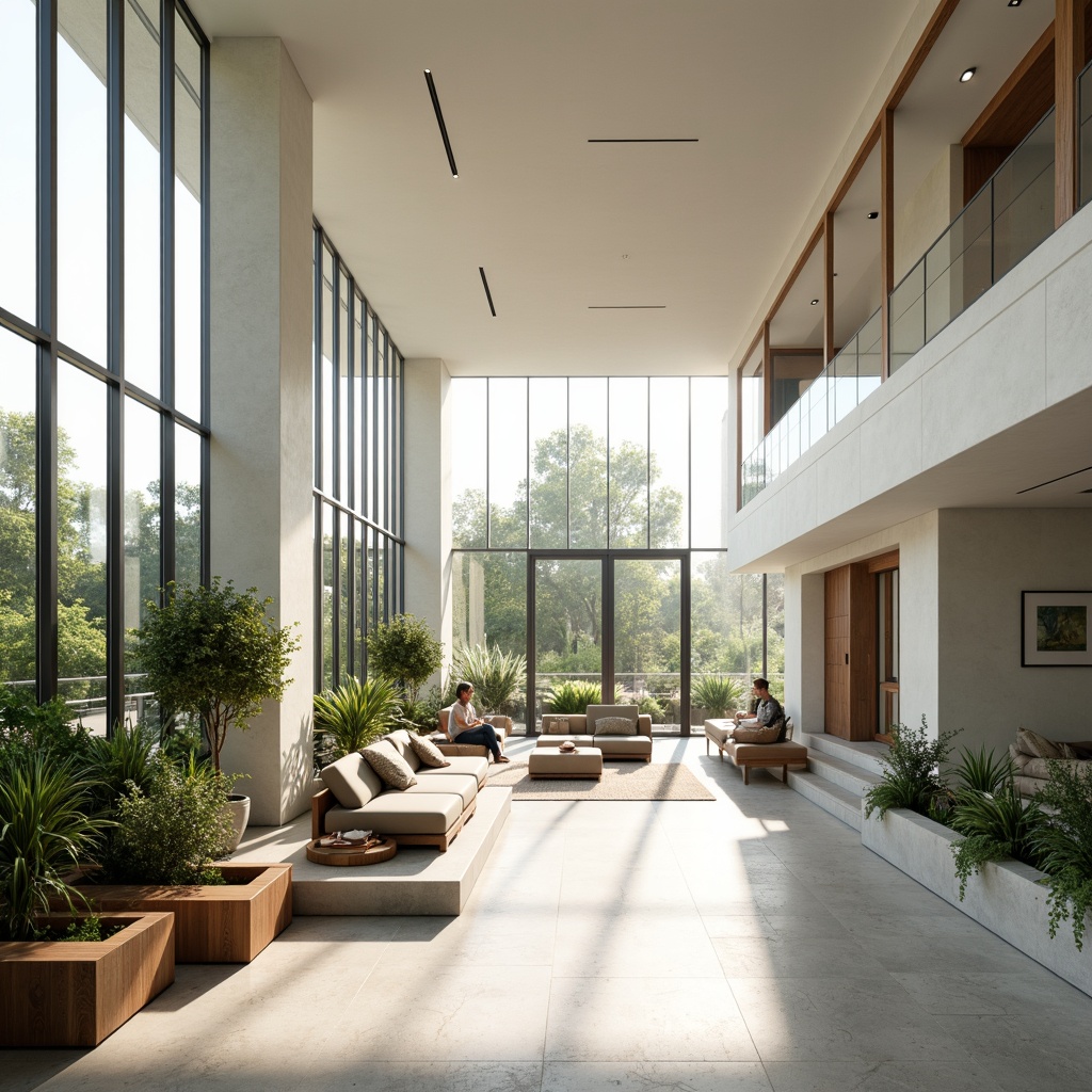 Prompt: Spacious open-plan living area, floor-to-ceiling windows, minimalist white walls, polished concrete floors, sleek modern furniture, greenery-filled planters, abundant natural light, warm sunbeams, soft diffused illumination, 1/1 composition, shallow depth of field, realistic textures, ambient occlusion, airy atmosphere, comfortable seating areas, wooden accents, subtle color palette, sophisticated interior design.