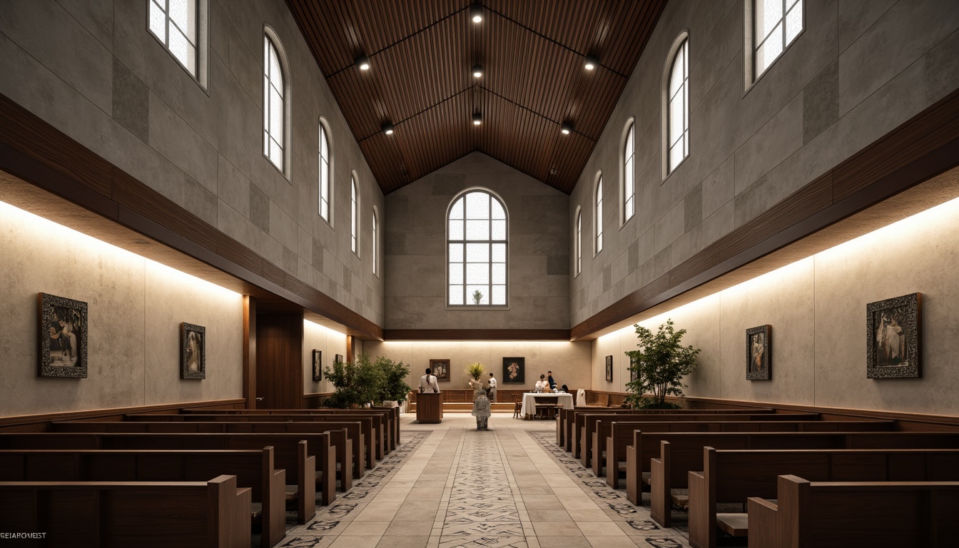 Prompt: Elegant church interior, modern minimalist aesthetic, sleek lines, monochromatic color scheme, textured concrete walls, polished wood accents, metallic trim details, stained glass windows, geometric patterned floor tiles, ambient soft lighting, subtle shadows, 1/1 composition, symmetrical framing, realistic renderings, atmospheric depth of field, warm neutral tones, luxurious fabrics, ornate fixtures, sophisticated ambiance.