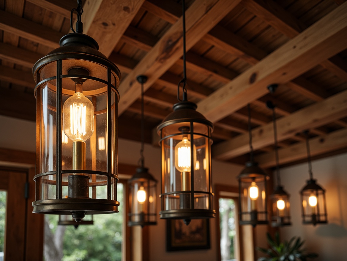 Prompt: Warm Craftsman interior, wooden beams, earthy tones, natural textures, cozy ambiance, rustic metal lanterns, pendant lighting, warm bronze finishes, candle-inspired chandeliers, mason jar pendant lights, distressed wood accents, vintage industrial fixtures, Edison bulb exposures, soft warm glow, intimate atmosphere, 1/2 composition, shallow depth of field, realistic metallic reflections.