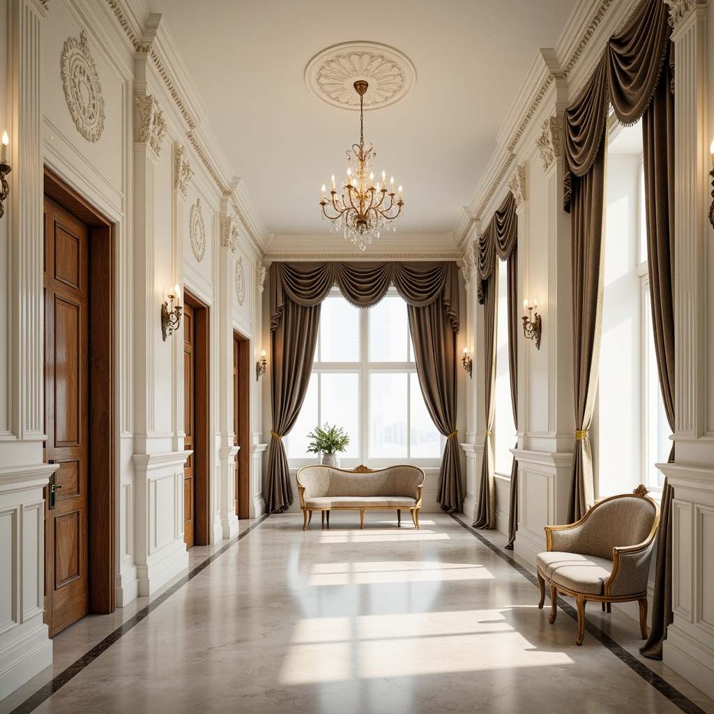 Prompt: Luxurious interior, ornate moldings, intricate plasterwork, creamy white walls, polished marble floors, crystal chandeliers, velvet drapes, tufted furniture, gilded accents, soft warm lighting, subtle shadows, 3/4 composition, shallow depth of field, realistic textures, ambient occlusion.