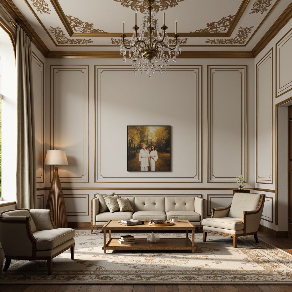 Prompt: Elegant classic interior, rich wood tones, creamy whites, soft grays, warm beiges, luxurious gold accents, ornate moldings, crystal chandeliers, plush velvet fabrics, subtle texture contrasts, refined furniture silhouettes, sophisticated ambiance, softbox lighting, 1/1 composition, realistic renderings, ambient occlusion.