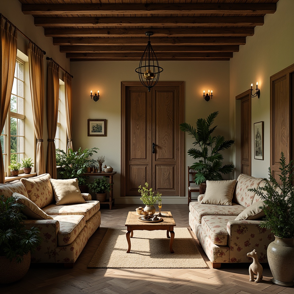 Prompt: Rustic French chateau, distressed wood accents, soft velvet fabrics, floral patterns, lace trimmings, natural linen textiles, earthy color palette, warm candlelight, vintage furniture pieces, ornate metalwork, carved wooden doors, stone walls, lush greenery, blooming flowers, tranquil atmosphere, soft focus, shallow depth of field, 1/2 composition, warm golden lighting.