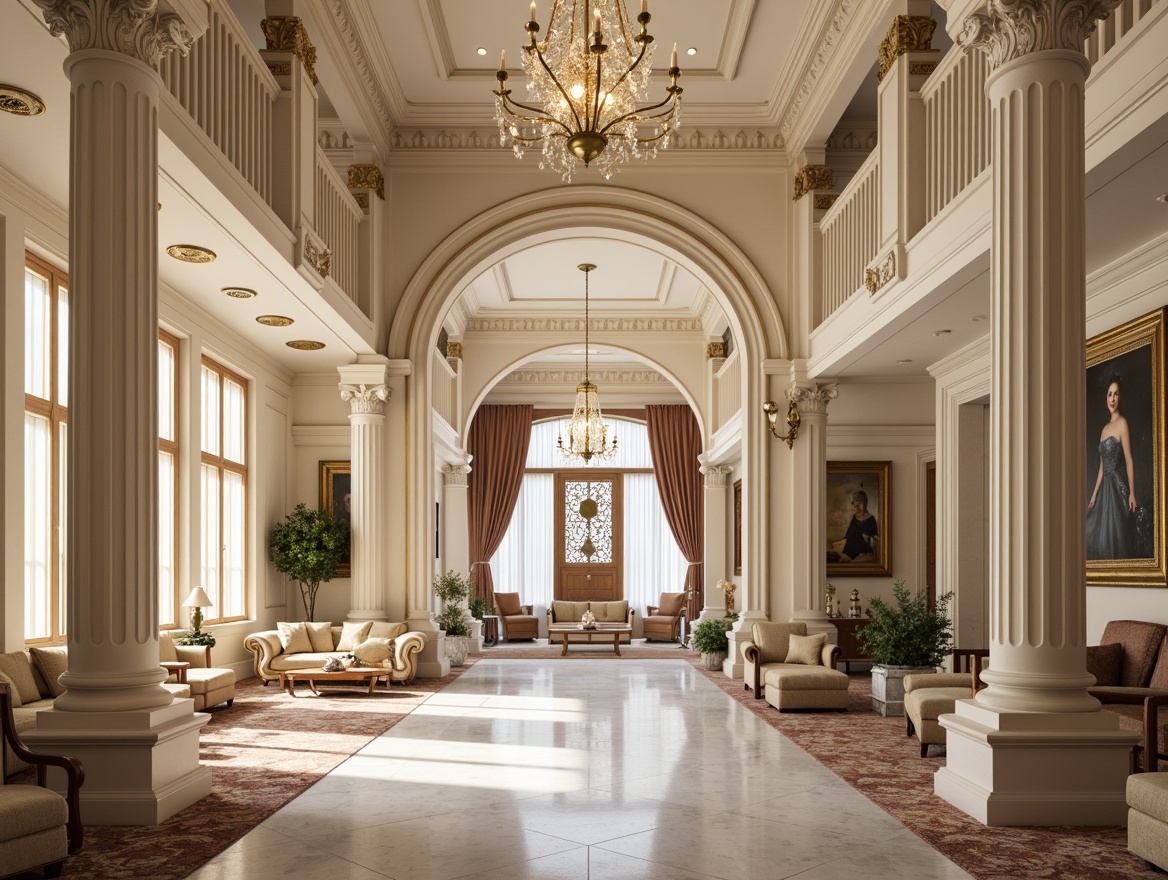 Prompt: Elegant columns, ornate moldings, intricately carved wooden details, luxurious velvet fabrics, rich marble flooring, polished bronze hardware, crystal chandeliers, grand staircases, ornamental plaster ceilings, symmetrical facades, balanced proportions, subtle color palette, cream-colored walls, gilded frames, refined furniture silhouettes, tufted upholstery, classic archways, sophisticated ambiance, soft warm lighting, shallow depth of field, 1/1 composition, realistic textures, ambient occlusion.