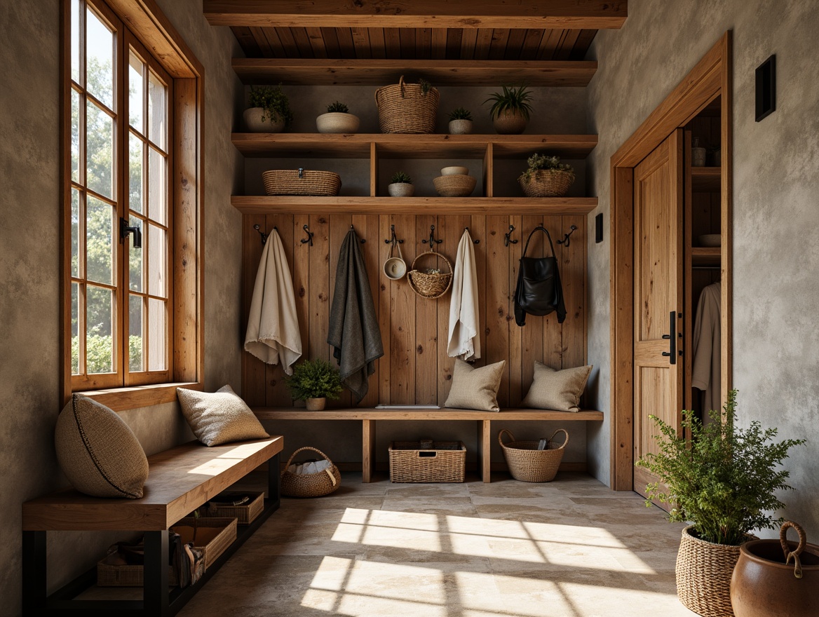 Prompt: Rustic mudroom, reclaimed wood accents, earthy tones, natural stone flooring, wooden benches, metal hooks, woven baskets, vintage-inspired decor, distressed finishes, cozy textiles, warm lighting, shallow depth of field, 3/4 composition, panoramic view, realistic textures, ambient occlusion.