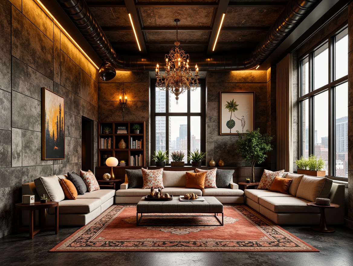 Prompt: Luxurious loft interior, art deco style, textured walls, metallic accents, ornate patterns, rich wood tones, velvet furnishings, opulent chandeliers, lavish rugs, geometric shapes, bold color schemes, dramatic lighting, high ceilings, industrial-chic architecture, exposed ductwork, polished concrete floors, sleek metal beams, vintage decorative accessories, eclectic artwork, bohemian-inspired decor, urban cityscape views, warm golden lighting, shallow depth of field, 1/2 composition.