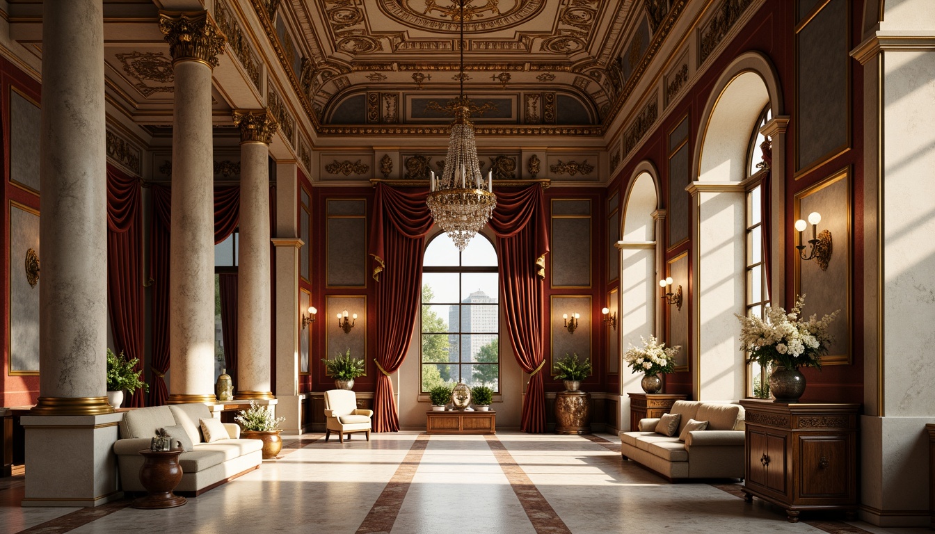 Prompt: Marble columns, ornate carvings, gilded details, luxurious fabrics, rich wood tones, velvet drapes, crystal chandeliers, intricate moldings, symmetrical compositions, classical proportions, subtle color palette, soft natural light, warm golden lighting, high-contrast shadows, detailed textures, realistic reflections, 1/1 composition, central perspective, Renaissance-inspired motifs, elegant curves, ornate furnishings.