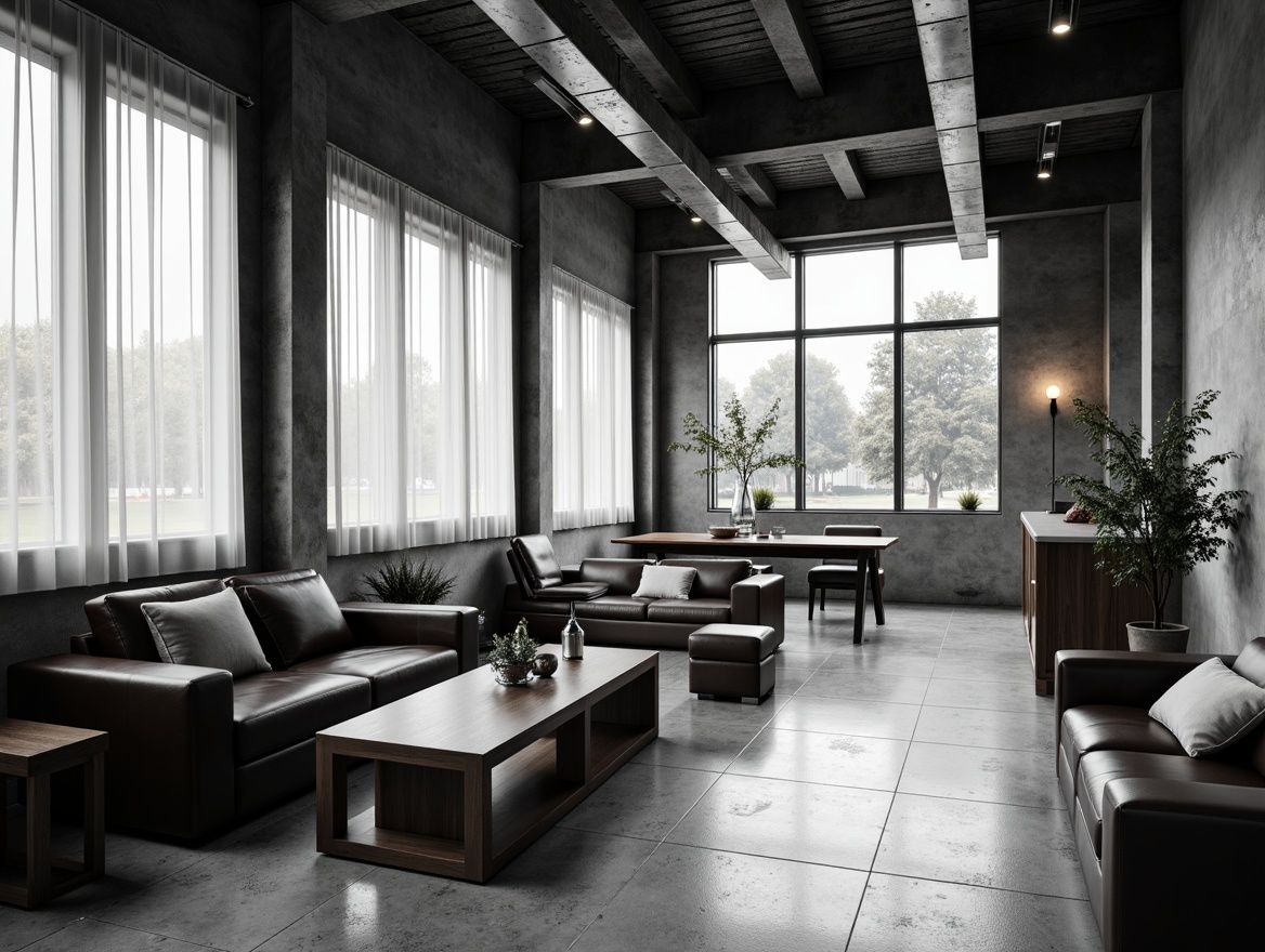 Prompt: Monochromatic color scheme, clean lines, industrial materials, functional furniture, geometric shapes, open floor plan, minimalist decor, sparse ornamentation, natural light, sheer curtains, steel windows, concrete floors, wooden accents, leather upholstery, metallic lighting fixtures, subtle textures, 1/1 composition, high-contrast lighting, cinematic mood, atmospheric ambiance.