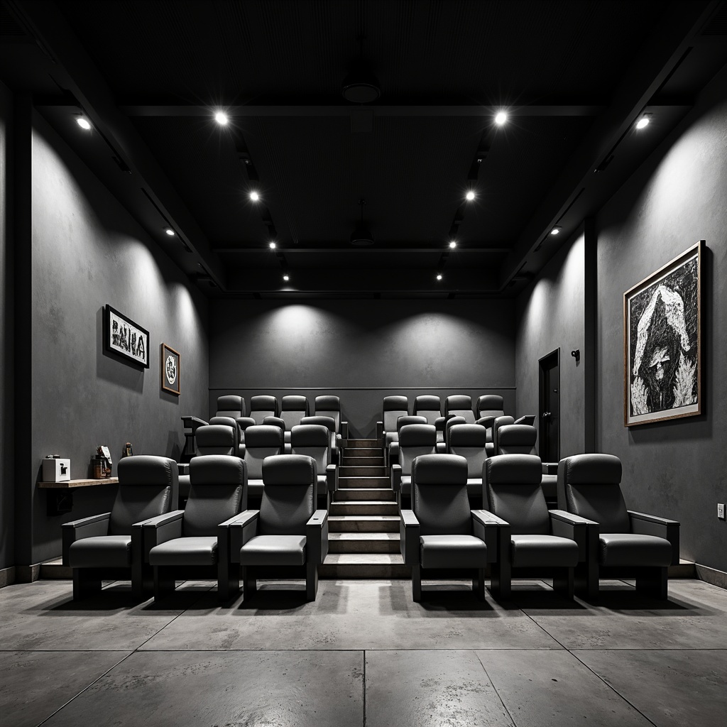 Prompt: Modern theater interior, minimalist aesthetics, sleek lines, monochromatic color scheme, avant-garde seating arrangement, geometric shapes, futuristic chairs, metallic frames, premium leather upholstery, subtle ambient lighting, dramatic spotlights, polished concrete floors, industrial-chic decor, abstract artwork, urban loft atmosphere, 3/4 composition, shallow depth of field, realistic textures, cinematic ambiance.