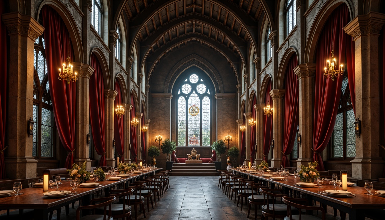 Prompt: Grandiose dining hall, high ceilings, ribbed vaults, pointed arches, stained glass windows, intricate stone carvings, ornate chandeliers, wooden tables, velvet drapes, medieval-inspired furnishings, rich tapestries, mystical ambiance, warm candlelight, dramatic shadows, 1/1 composition, low-angle shot, cinematic lighting, realistic textures, ambient occlusion.