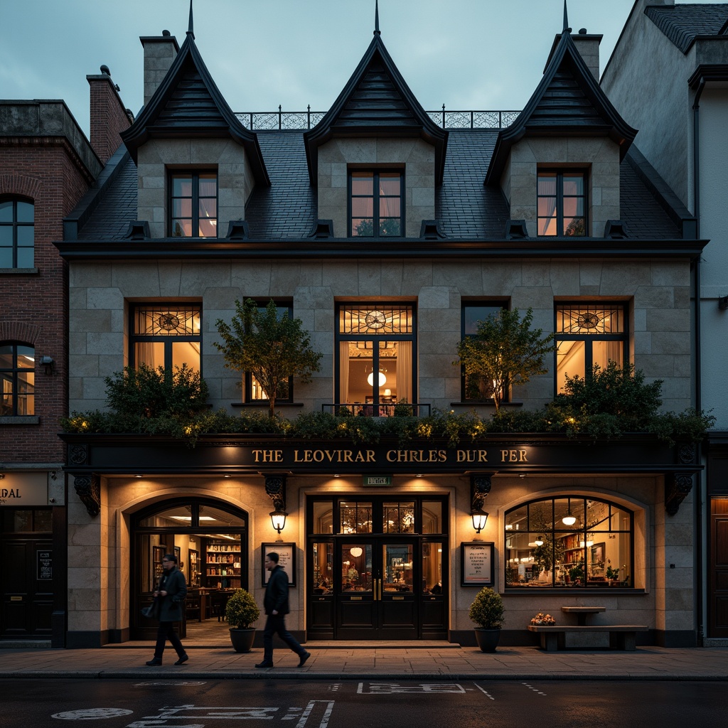 Prompt: Ornate pub facade, pointed arches, ribbed vaults, flying buttresses, stained glass windows, heavy stone walls, intricate carvings, grand entrance doors, ornamental ironwork, warm lantern lighting, misty atmosphere, 1/1 composition, dramatic shadows, high contrast, cinematic mood, atmospheric rendering, detailed textures.