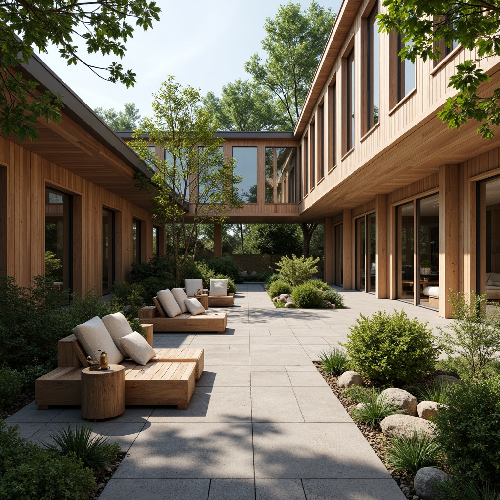 Prompt: Minimalist courtyard, natural stone paving, wooden benches, lush greenery, Nordic-inspired architecture, large windows, sliding glass doors, light-filled interior, cozy reading nooks, comfortable sofas, woven textiles, earthy color palette, warm ambient lighting, shallow depth of field, 3/4 composition, panoramic view, realistic textures, soft focus, airy atmosphere.