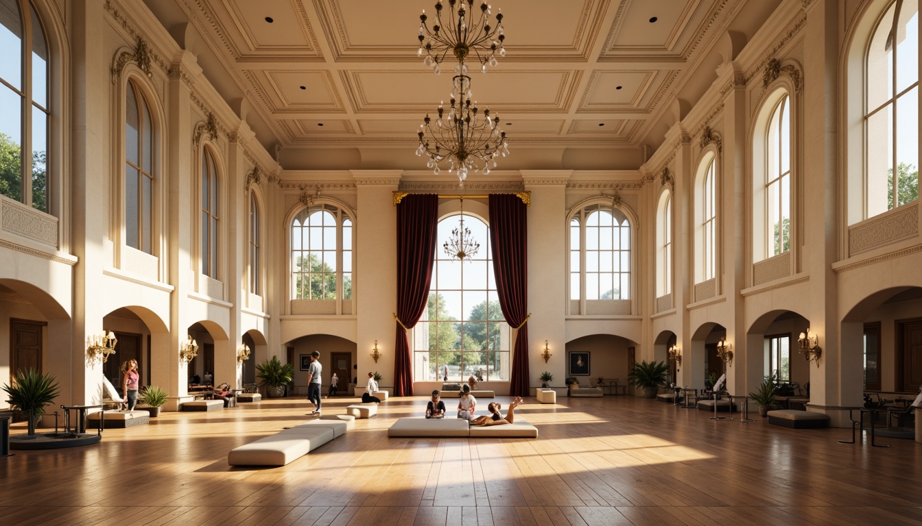 Prompt: Elegant gymnasium interior, high ceilings, ornate moldings, cream-colored walls, polished wooden floors, grand chandeliers, crystal pendant lights, bronze sconces, opulent lanterns, luxurious drapery, velvet curtains, majestic pillars, neoclassical arches, refined athletic equipment, vintage-inspired exercise machines, rich wood tones, warm beige accents, soft diffused lighting, subtle shadows, 1/2 composition, intimate atmosphere, realistic textures, ambient occlusion.