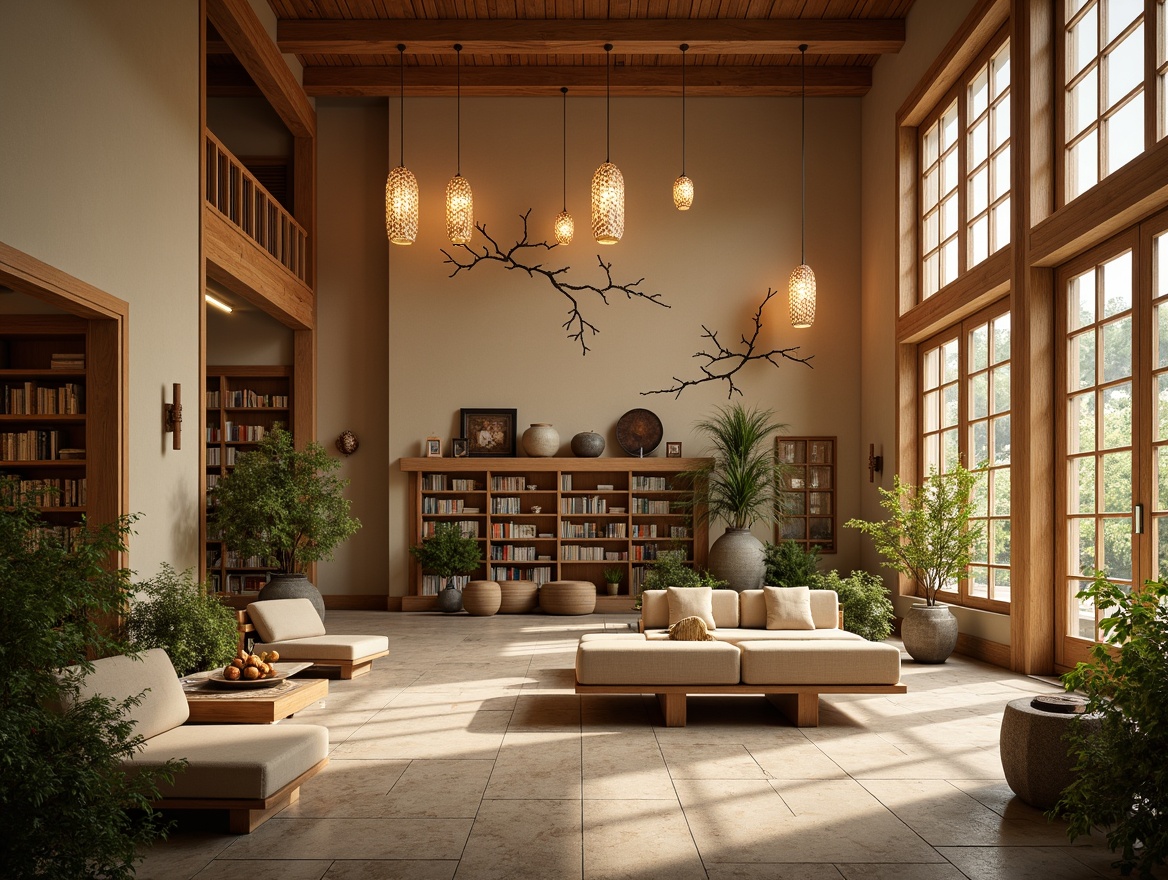 Prompt: Serene Asian-style library, harmonious color palette, warm beige walls, rich wood accents, subtle cherry blossom patterns, natural stone floors, intricate paper lanterns, soft diffused lighting, cozy reading nooks, comfortable seating areas, lush green plants, traditional Japanese screens, sliding Shoji doors, minimalist decor, earthy tones, gentle warm ambiance, shallow depth of field, 1/1 composition, realistic textures, ambient occlusion.